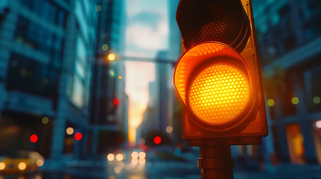 Yellow traffic light on a city street, symbolizing caution amid economic uncertainty